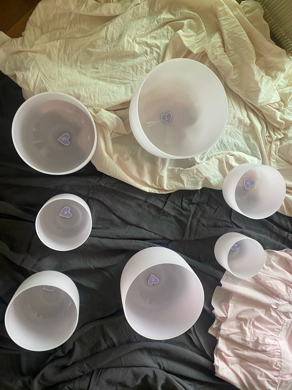 Morganite infused crystal quartz singing bowls set of 7