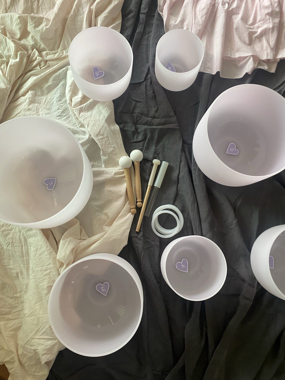 Morganite infused crystal quartz singing bowls set of 7