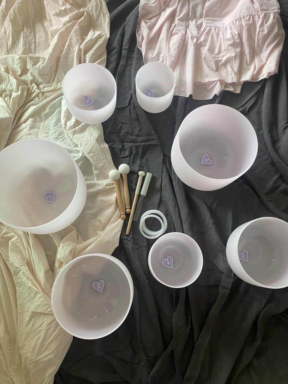 Morganite infused crystal quartz singing bowls set of 7