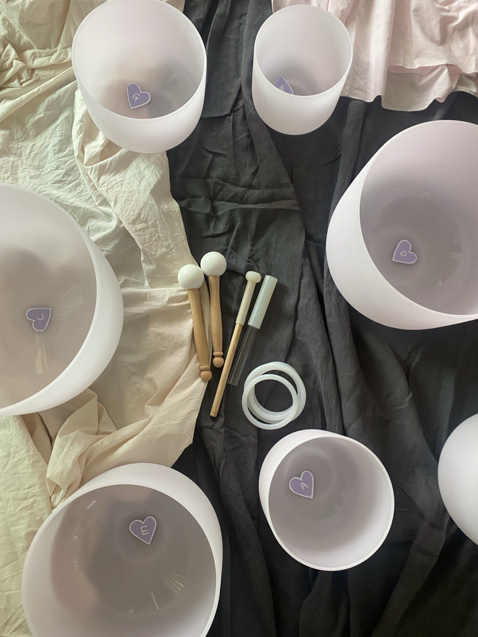 Morganite infused crystal quartz singing bowls set of 7