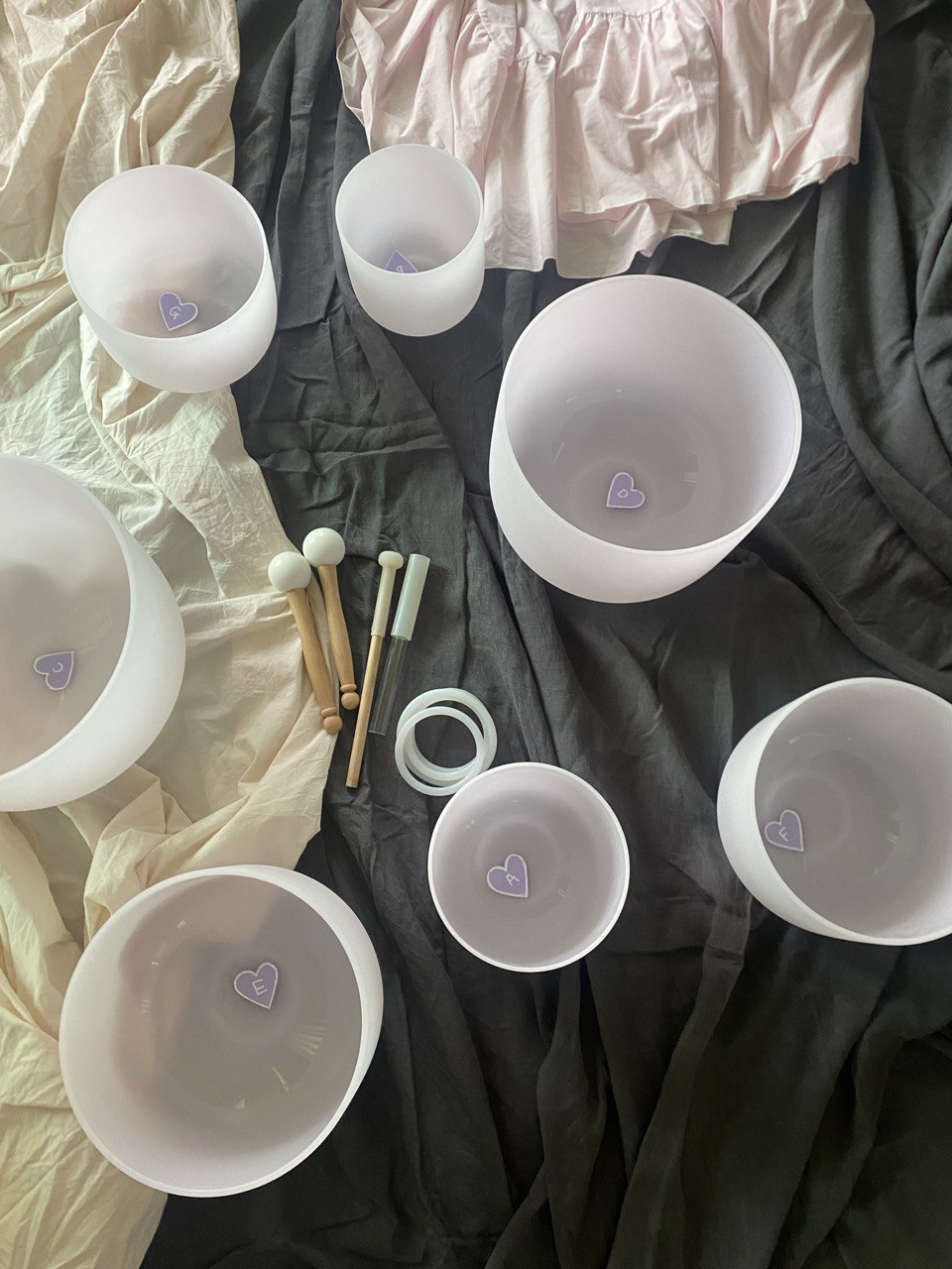 Morganite infused crystal quartz singing bowls set of 7