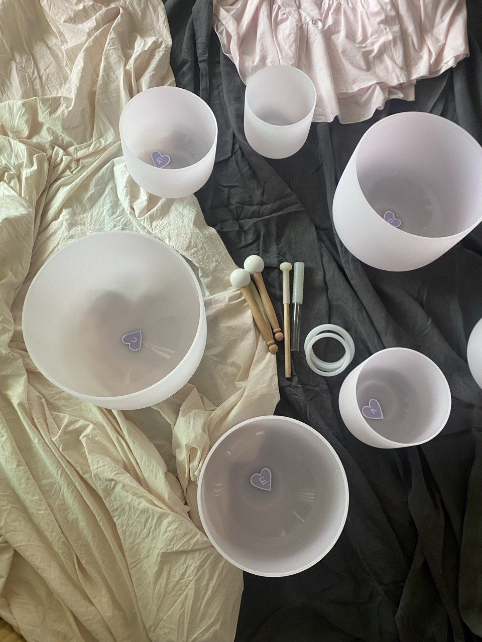 Morganite infused crystal quartz singing bowls set of 7