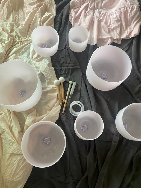 Morganite infused crystal quartz singing bowls set of 7